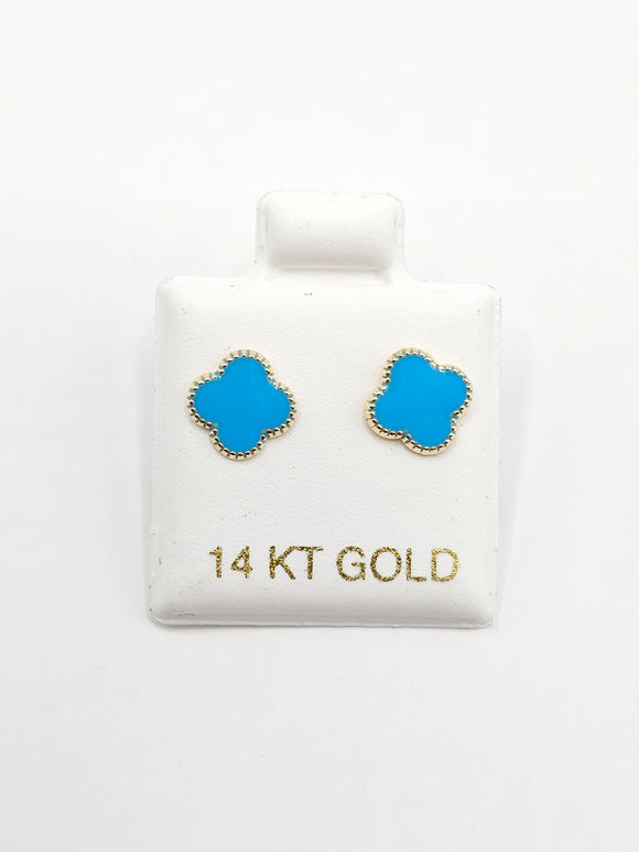 14K Gold Earrings - Pastel Blue Clover