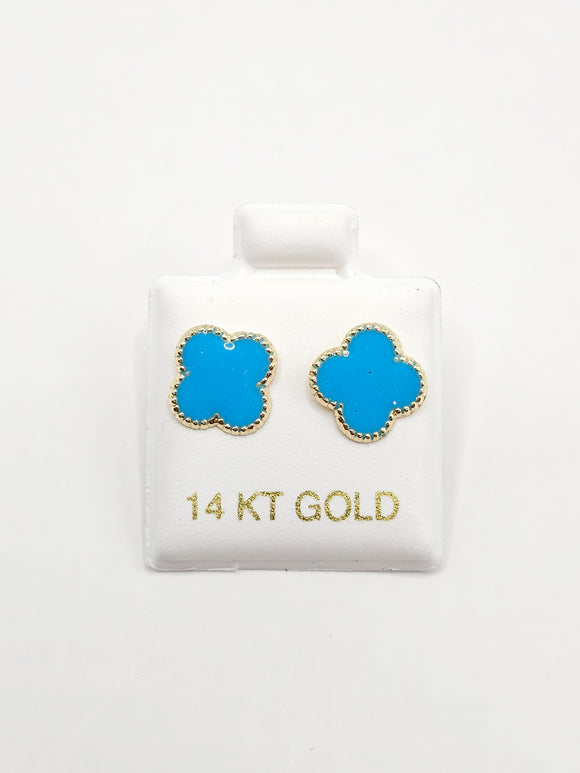 14K Gold Earrings - Pastel Blue Clover