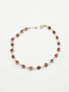 14k Gold Bracelet - Red Evil Eyes