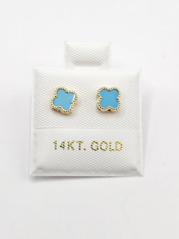 14K Gold Earrings - Pastel Blue Clover