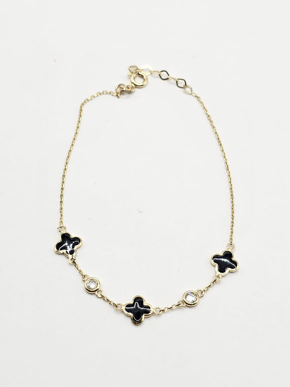 14k Gold Bracelet - Double sided Black and Gold Clover