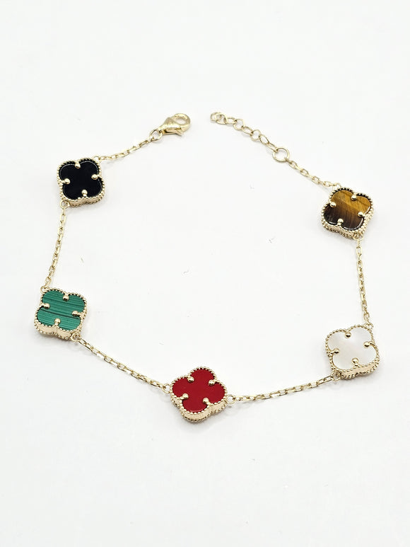 14k Gold Bracelet -  Double sided Black and Multi-Color Clover