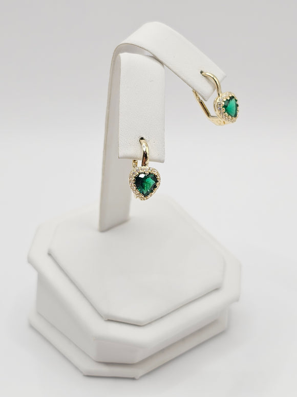 14K Gold Earrings - Green Heart Hoops