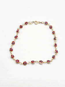 14k Gold Bracelet - Red Evil Eyes