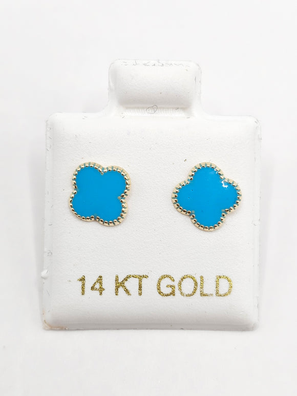 14K Gold Earrings - Pastel Blue Clover