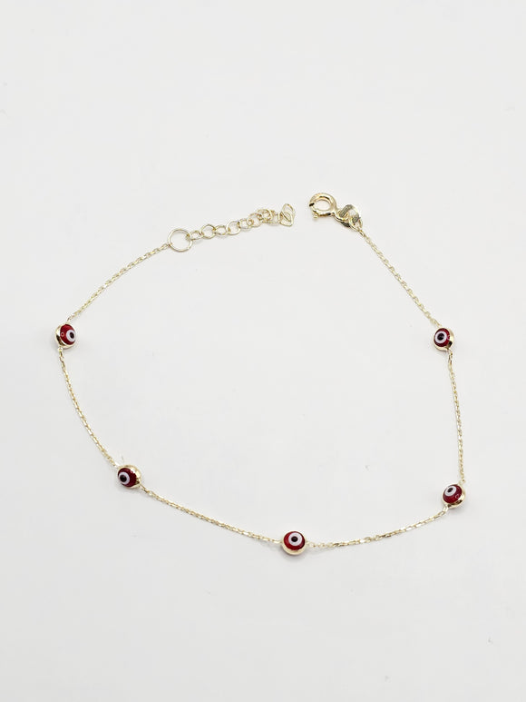 14k Gold Bracelet - Red Evil Eyes