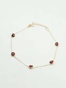 14k Gold Bracelet - Red Evil Eyes