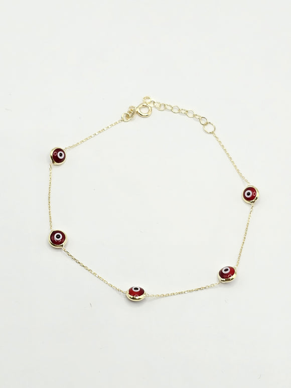 14k Gold Bracelet - Red Evil Eyes