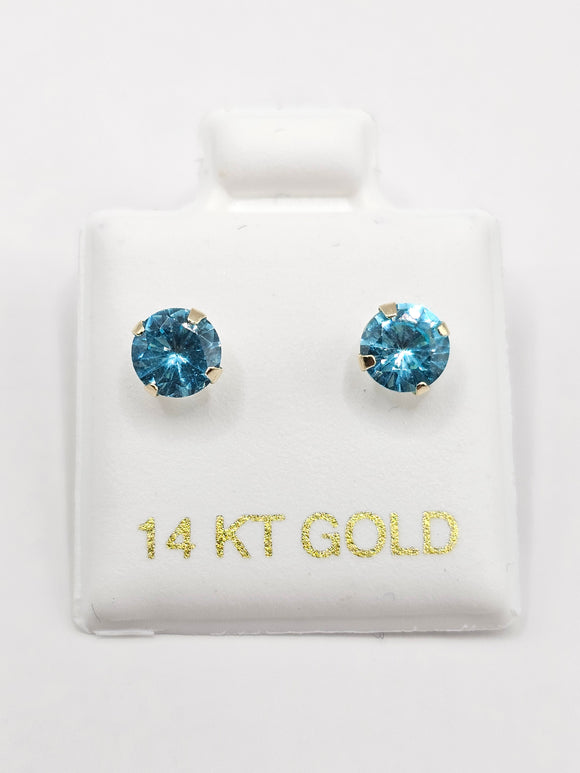 14K Gold Earrings - Light Blue Circle Stud