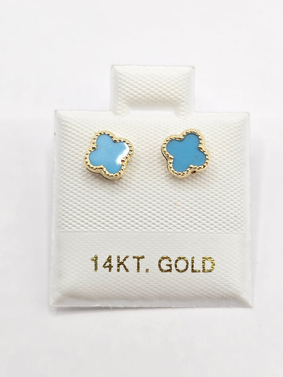 14K Gold Earrings - Pastel Blue Clover