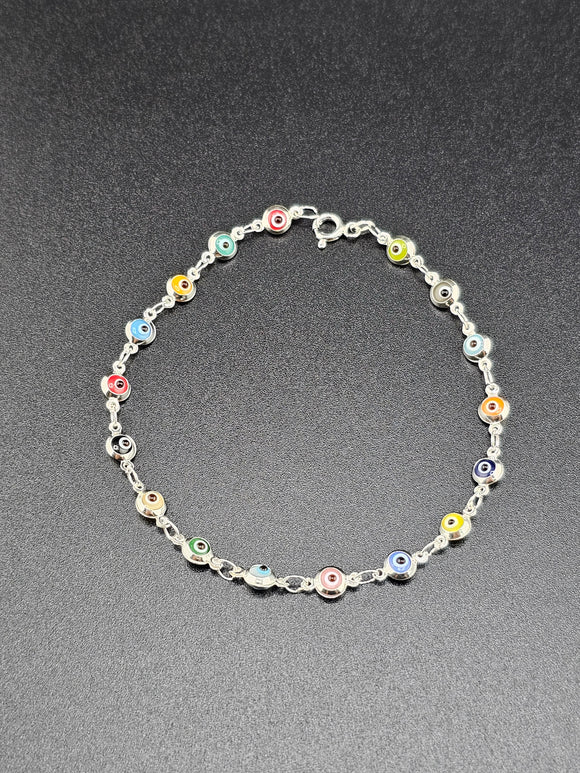 Sterling Silver 925 Bracelet - Multi-Color Evil Eyes