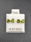 14K Gold Earrings - Dry Green Heart Bow